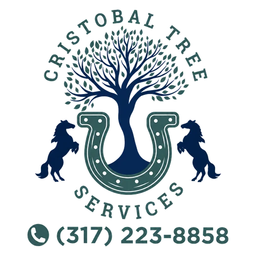 Cristobal Tree Services LLC crest with a tree, horseshoe, and two rearing horses